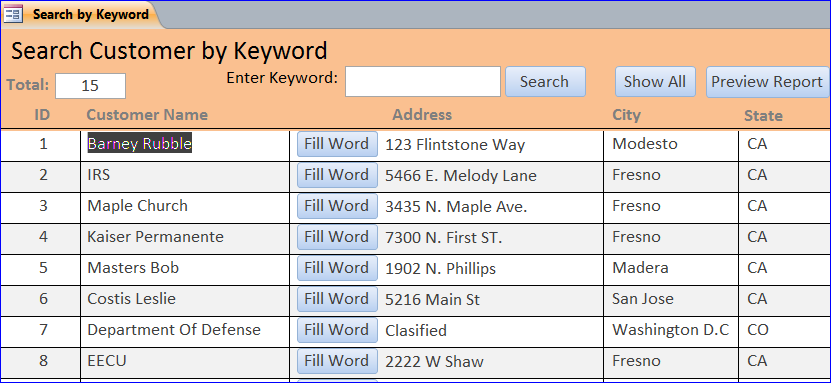 search form with vba in excel 2016