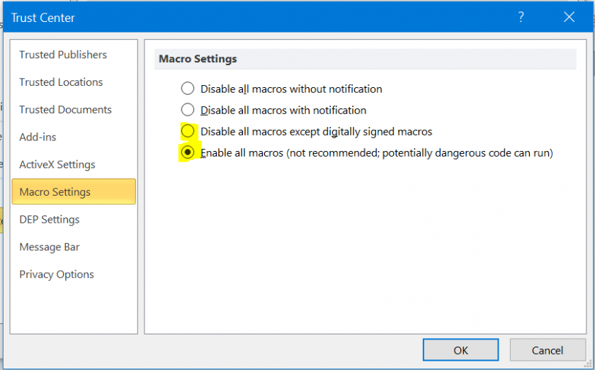 Disable warning. Disable all macros except digitally signed macros.. Disable all macros except digitally signed macros.word10. Optional disable Security Center